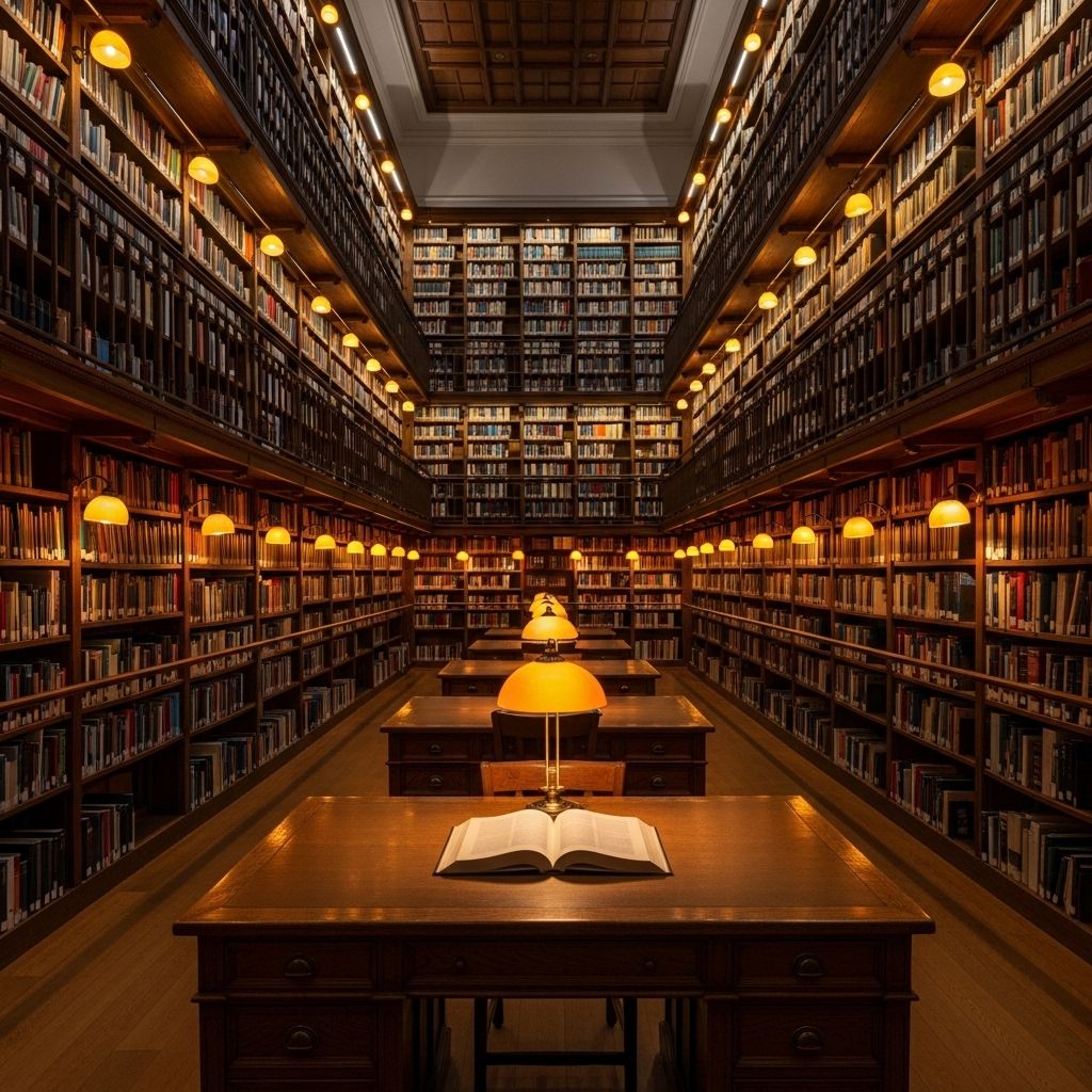 Cinematic wide view of a well-lit institutional library interior with tall wooden bookshelves, warm amber reading lamps, and a single desk with an open book in the foreground, evoking scholarly authority and calm intellectual focus