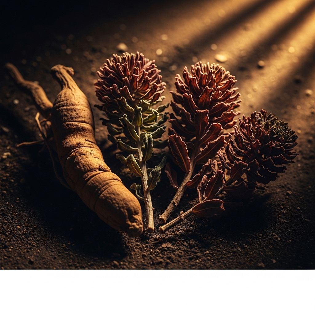Moody atmospheric close-up of dried ashwagandha root and rhodiola rosea plant specimens with dark earthy background and warm directional amber lighting highlighting natural botanical textures