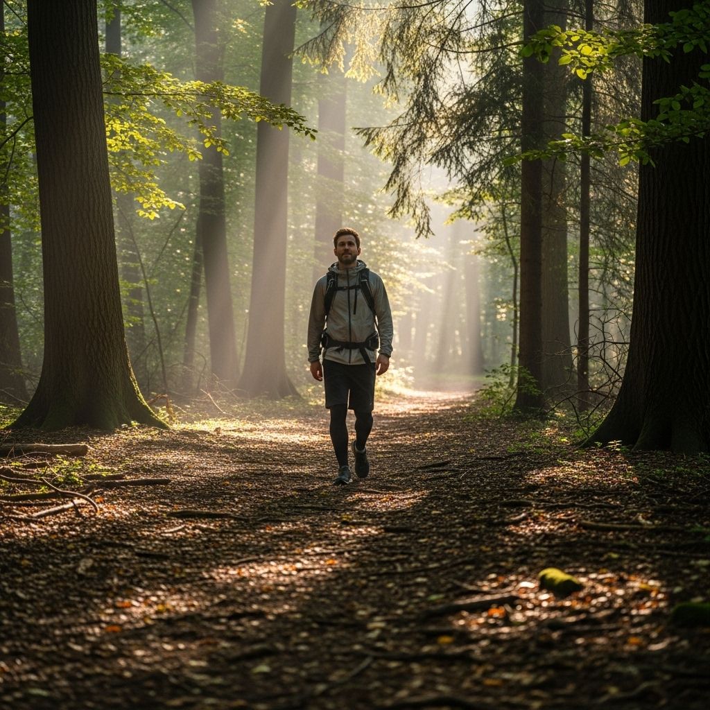 A man walking alone on a peaceful misty woodland trail in early morning with dappled light through tall trees, embodying calm active lifestyle and connection with nature