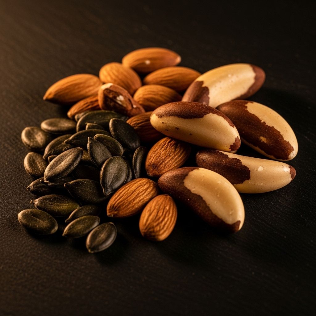 Dramatic arrangement of natural mineral-rich foods including dark pumpkin seeds, almonds, and Brazil nuts with deep shadows and warm moody studio lighting on a dark slate background