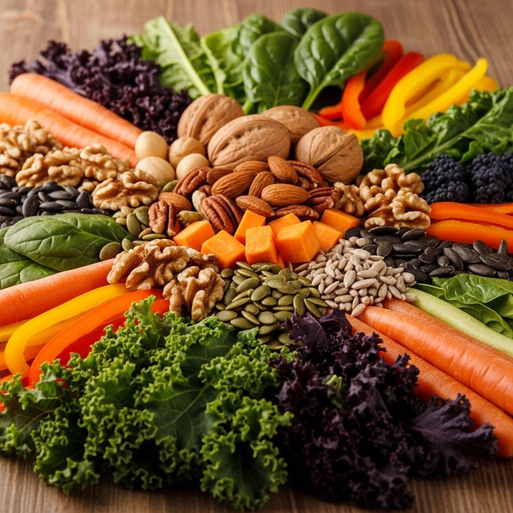 Close-up of a rich arrangement of colourful whole foods including dark leafy greens, orange vegetables, nuts, and seeds artfully displayed on a natural wooden surface with warm directional lighting